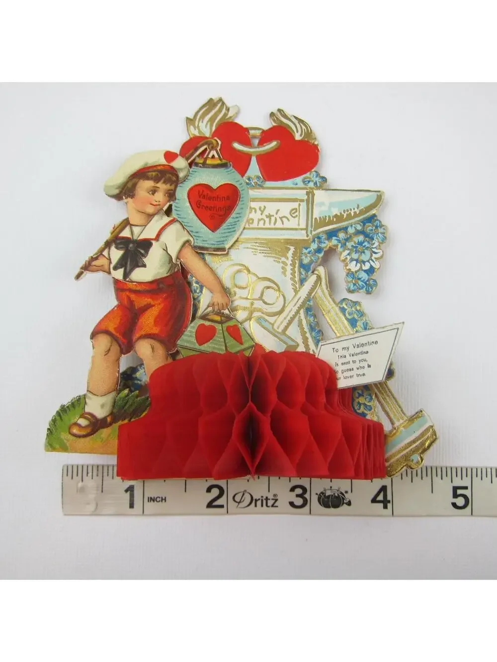 Antique Valentine Honeycomb 3D Pop Up Die cut Boy Sailor Suit Lantern & Tools